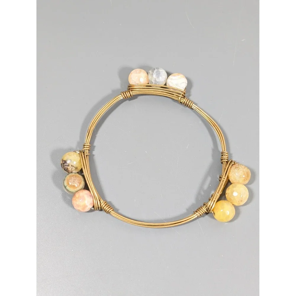 Wire Wrapped Stone Bead Bangle Bracelet Brass Tone Stackable Boho 8 Inch‎